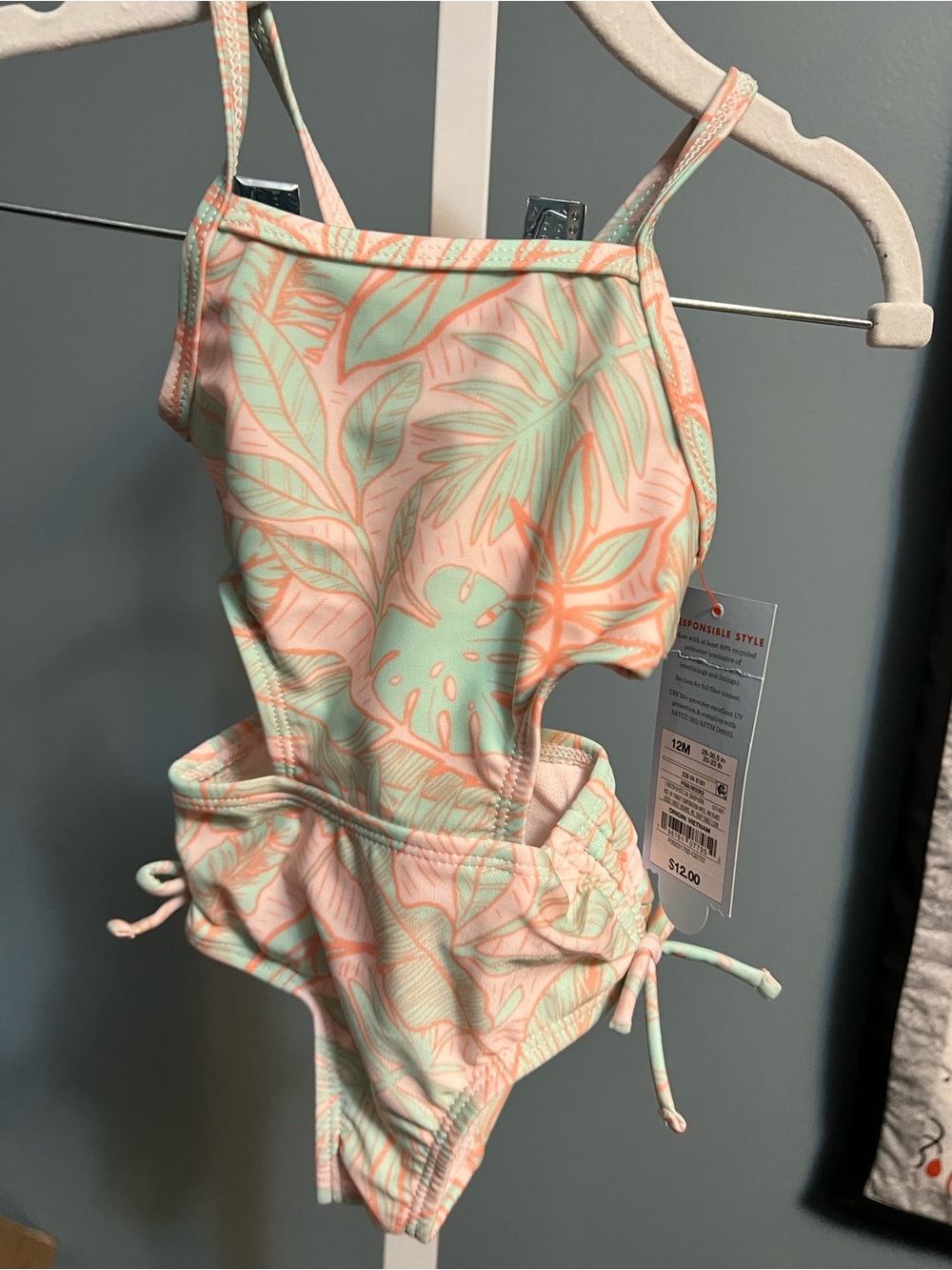 Cat & Jack Mint Green and Pink Tropical Leaf One-Piece Cut out Swimsuit 12 month